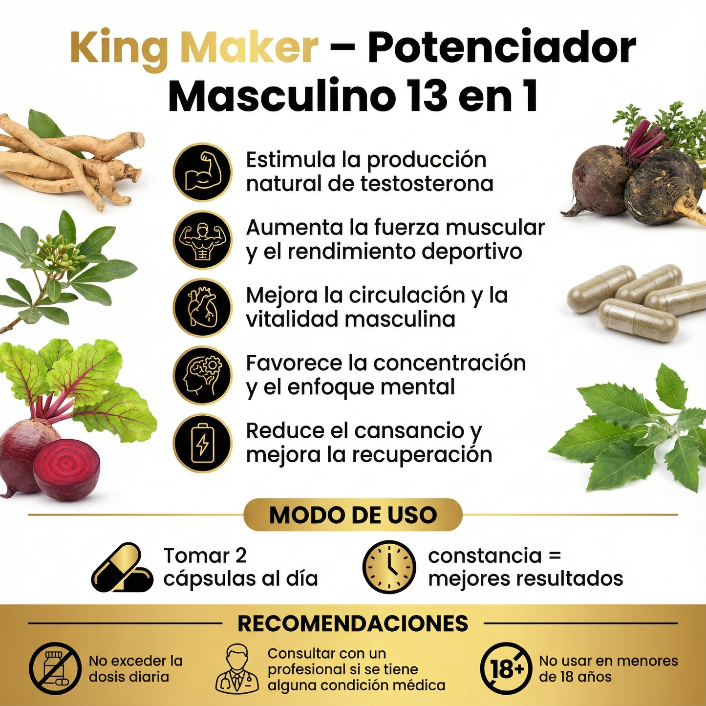 KING MAKER | Potenciador Masculino 13 en 1 para Más Fuerza, Energía y Rendimiento Total